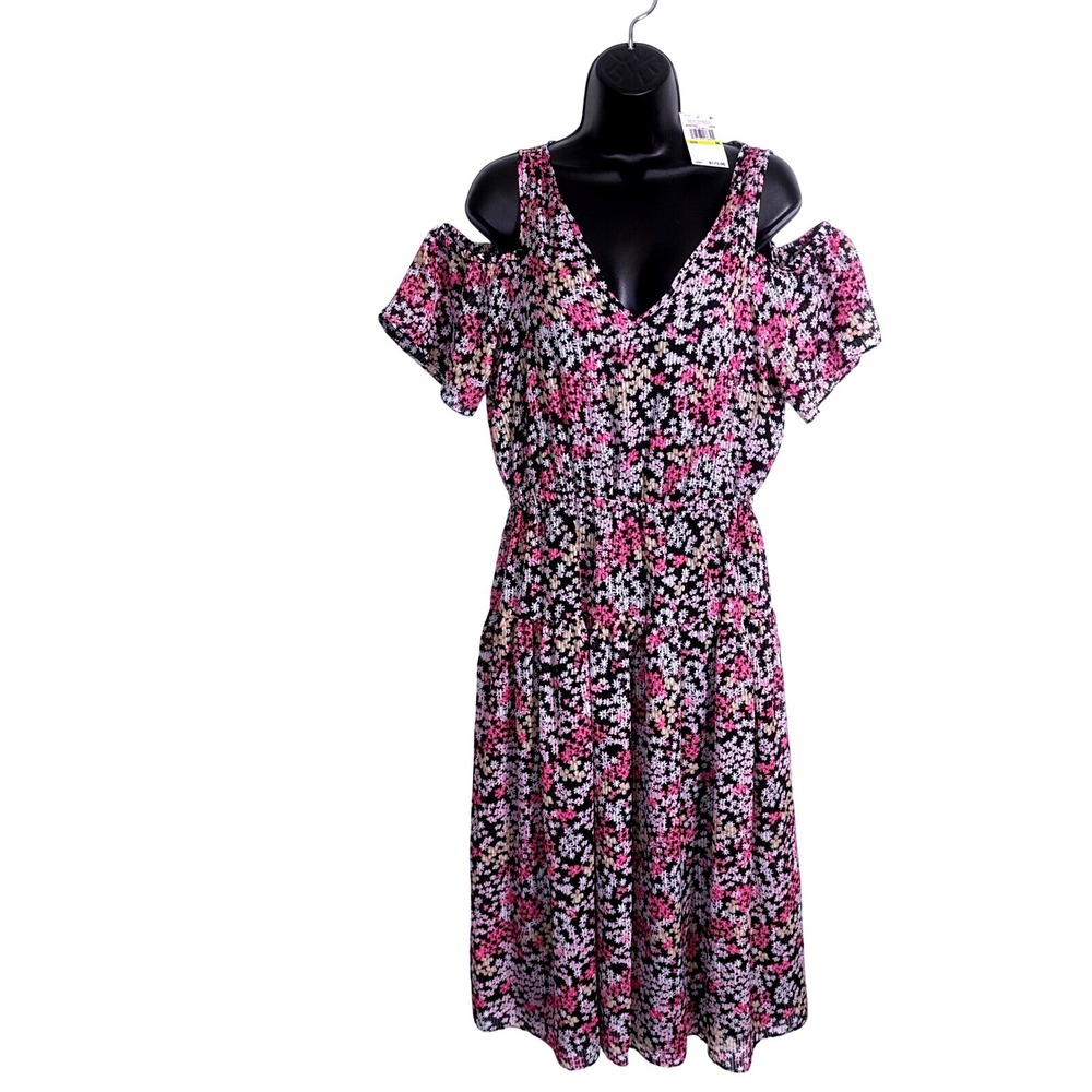 Michael Kors Floral‎ Print Cold Shoulder Dress V-Neck Summer Black M